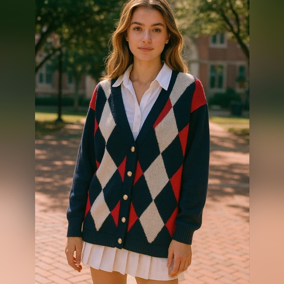 Casual Corner Sweaters - 90's‎ Casual Corner Navy Red Cream Argyle Ramie Cotton Cardigan